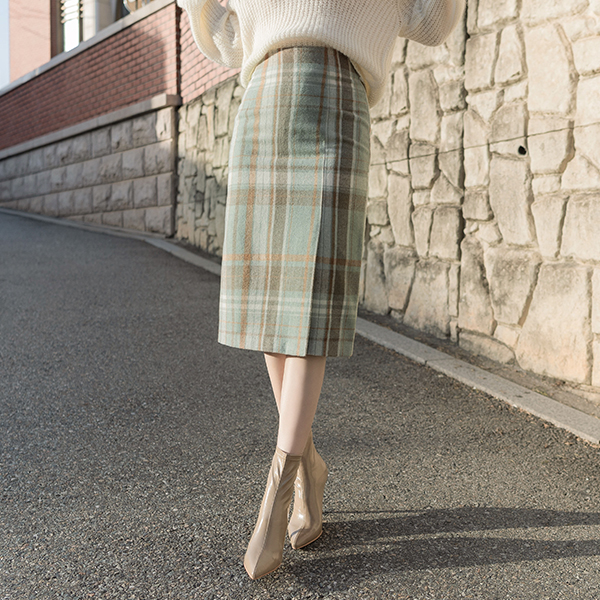sk4393 감각적인 체크배색 패턴의 사이드 슬릿 울혼방 H라인 롱 스커트 skirt