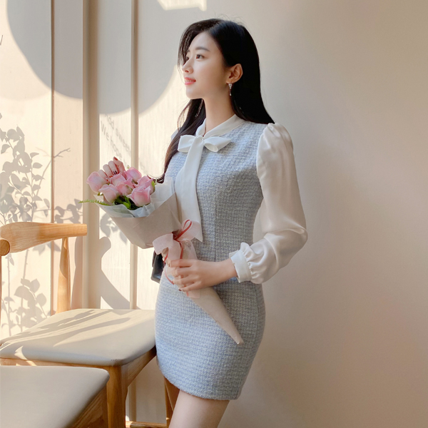 op10129 따뜻한 울혼방 체크배색 포인트의 리본타이 H라인 미니 원피스 dress
