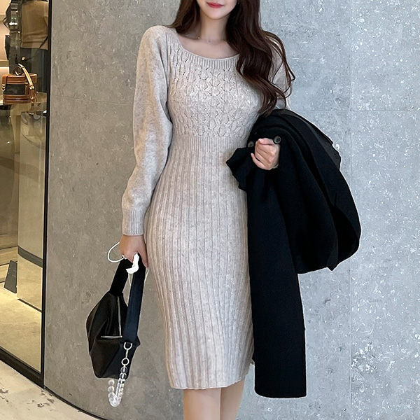 op10063 페미닌한 물결 짜임의 슬림핏 골지 니트 원피스 dress