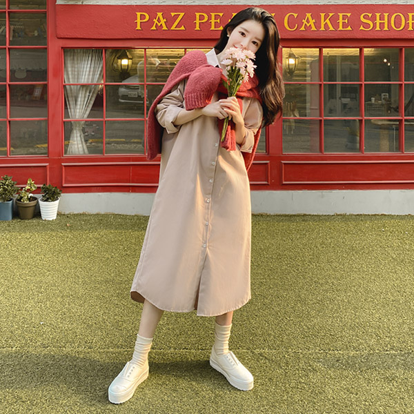 op10135 깔끔하고 이지한 무드의 피치 기모 일자핏 포켓 롱 셔츠 원피스 dress