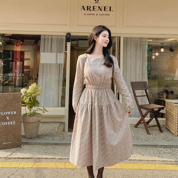 op10133 여성스럽고 은은한 잔꽃 패턴의 허리밴딩 피치기모 셔링 롱 원피스 dress