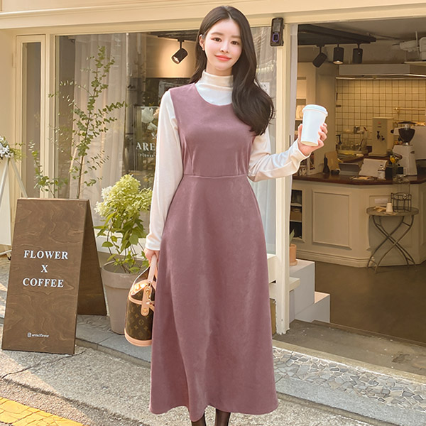 op10132 포근한 겉피치기모 패브릭의 레이어드 롱 라운드넥 플레어 원피스 dress