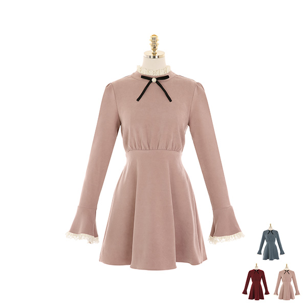 op10121 로맨틱한 무드의 피치기모 레이스넥 브로치 미니 원피스 dress