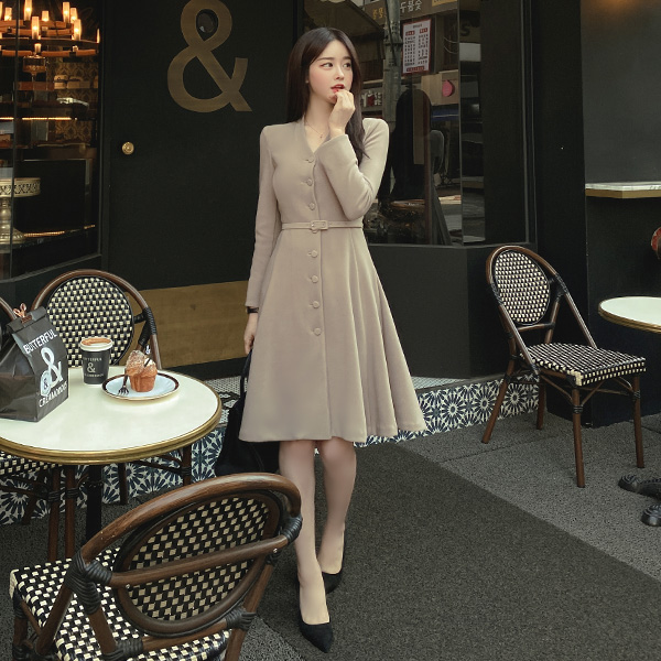 op10145 단정하게 입기 좋은 벨트 세트 구성의 플레어 스판 미디원피스 dress