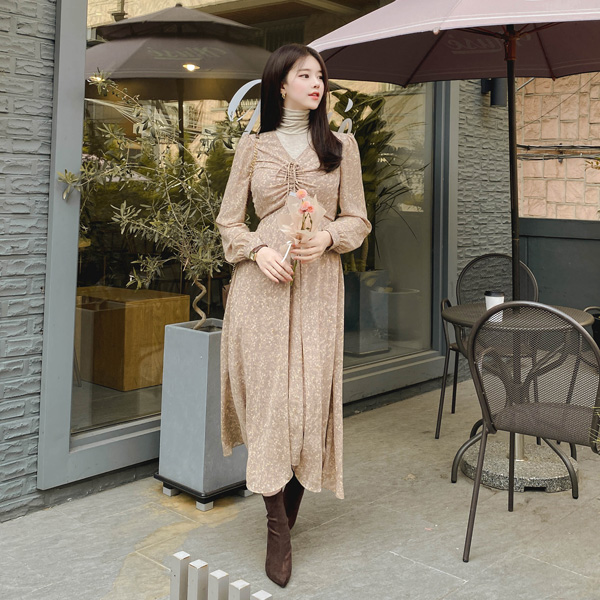 op10147 은은한 플라워패턴과 바스트셔링 포인트의 플레어 쉬폰롱원피스 dress