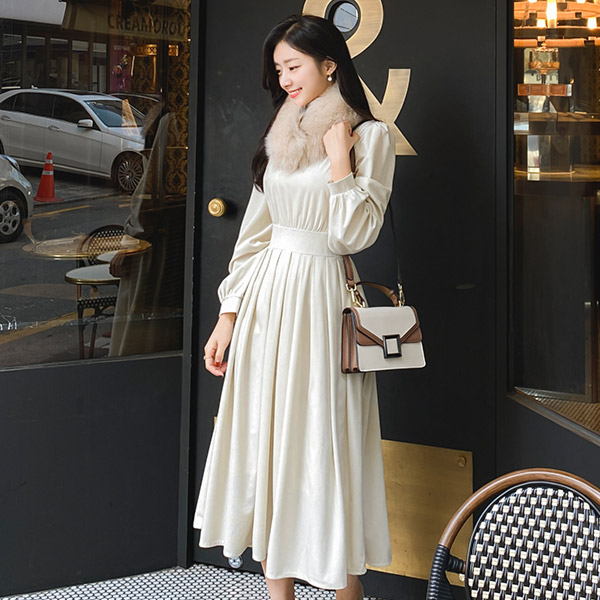 op10180 벨벳같은 터치감의 뒷리본 포인트 플레어라인 베이직 롱원피스 dress