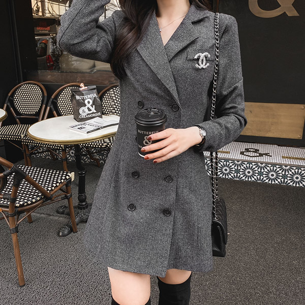 op10181 감각적인 헤링본 패턴의 슬림 H라인 테일러드카라 더블버튼 미니 자켓원피스 dress