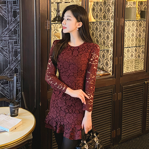 op10185 스페셜한 무드의 플라워 레이스 라운드넥 슬림 H라인 미니원피스 dress