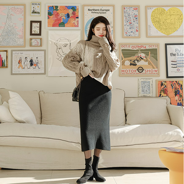 sk4417 짱짱하고 도톰한 패브릭의 밑단슬릿 허리밴딩 H라인 니트 롱스커트 skirt