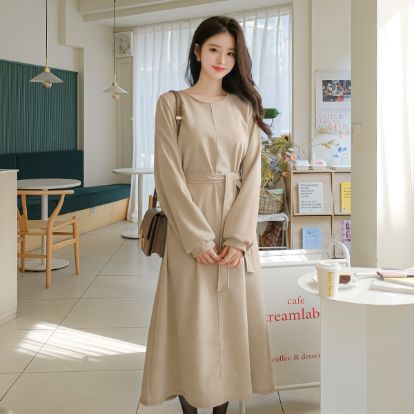 op10190 보들보들 포근한 피치 기모 소재의 허리스트랩 세트 스티치 A라인 라운드넥 롱원피스 dress