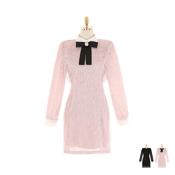 op10156 스페셜하게 완성된 브로치 카라 깃털 미니 원피스 dress