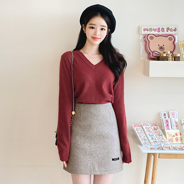 sk4427 고급스러운 핸드메이드 라벨 포인트의 A라인 백밴딩 미니 모직 스커트 skirt