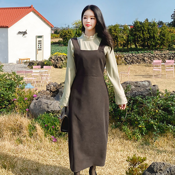 op10217 따뜻하고 포근한 겉피치기모 소재의 백슬릿 스퀘어넥 레이어드 H라인 롱원피스 dress