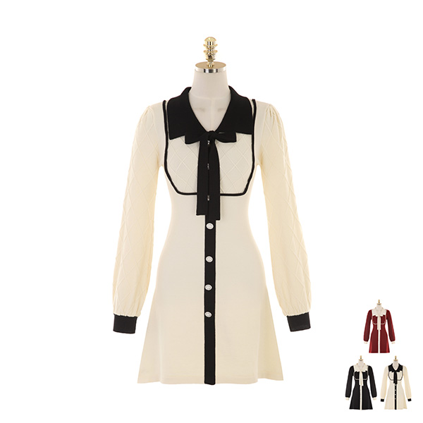 op10170 걸리쉬한 무드가 느껴지는 리본 카라 장식의 니트 원피스 dress