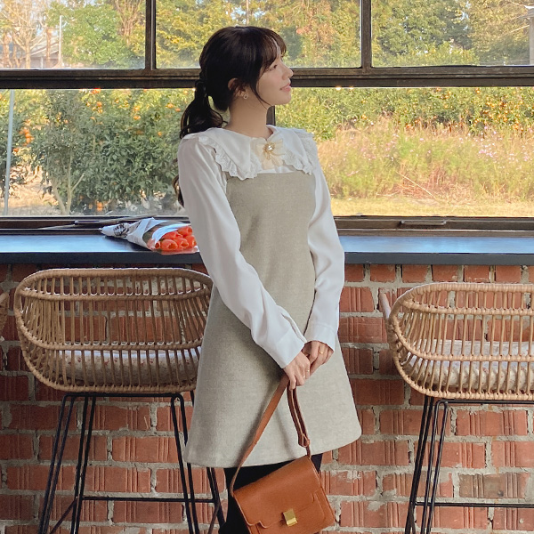 op10220 따뜻하고 도톰한 모직소재의 스퀘어넥 A라인 서스펜더 미니원피스 dress