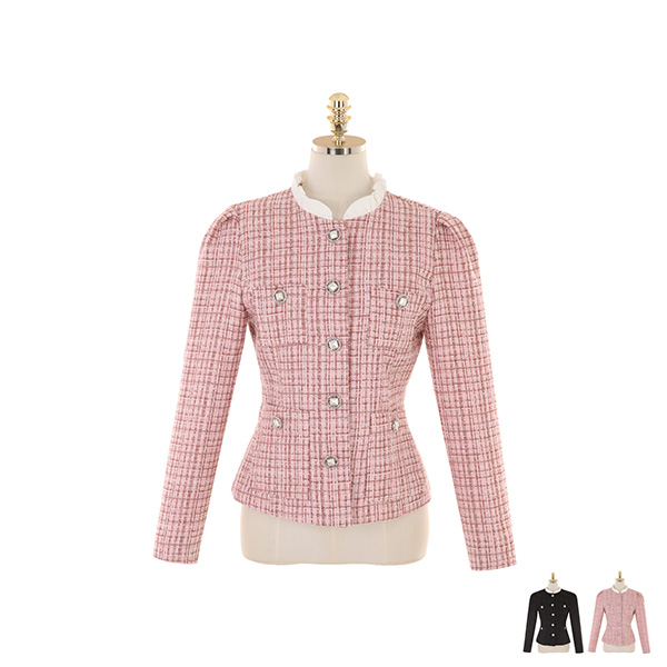 jk1329 프릴 하이넥 디자인의 셔링 소매 슬림핏 울 트위드 자켓 jacket