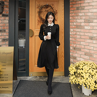 광택 소재 진주장식 플레어 겨울 롱원피스