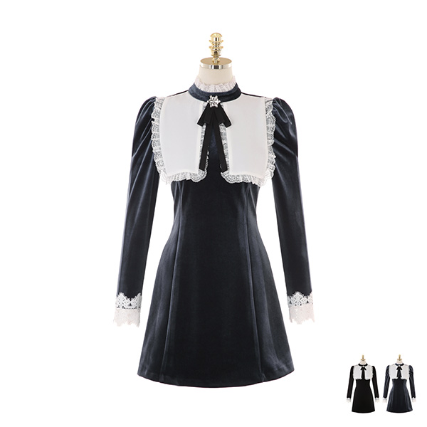 op10206 레이스 트리밍 카라와 쥬얼 브로치 장식의 벨벳 미니 원피스 dress