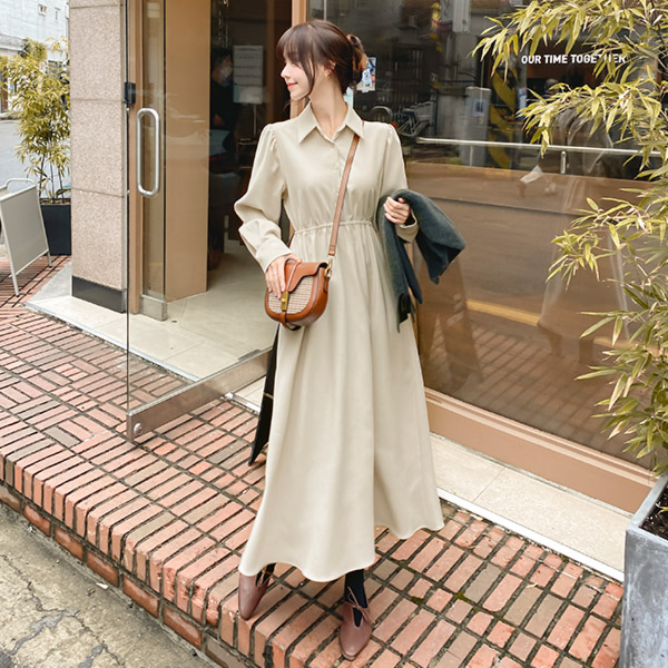 op10245 부드러운 피치기모 패브릭의 카라넥 허리밴딩 플레어 롱원피스 dress