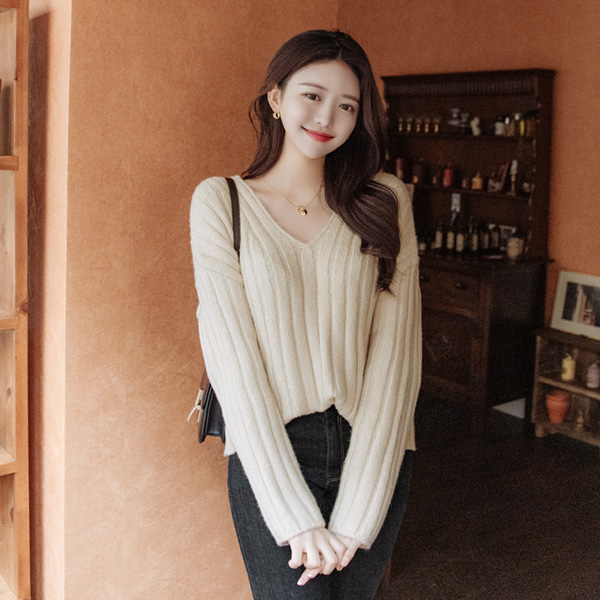 nt2468 여리하고 청순한 골지 짜임의 루즈핏 세미크롭 V넥 니트탑 knit