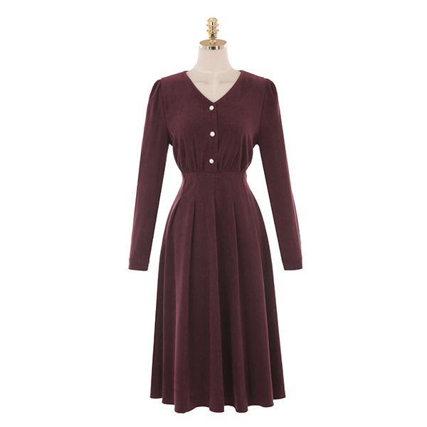 op10275 여성스러운 플레어 디자인의 피치기모 플리츠 롱 원피스 dress