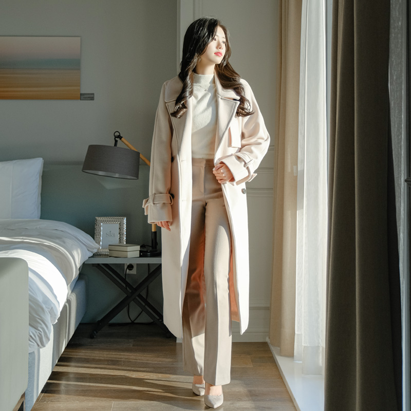 [울30%] 클래식한 트렌치 디자인의 빅 라펠 스트랩세트 일자핏 울혼방 롱코트 coat