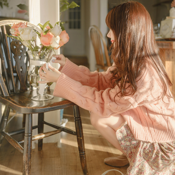nt2491 러프 케이블 세미크롭 라운드넥 니트