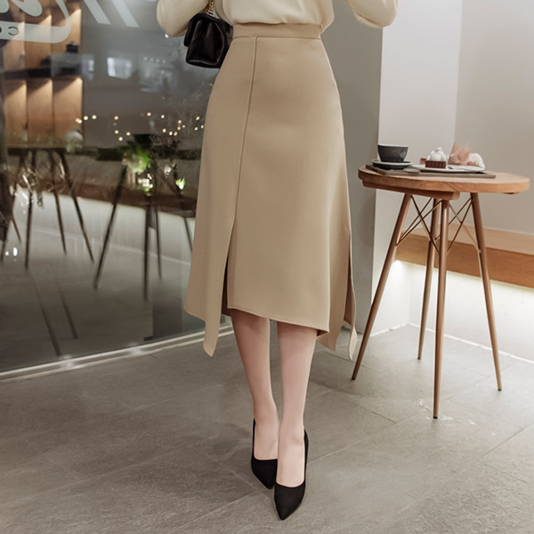 sk4475 매력적인 언발컷팅 디자인의 기모패브릭 A라인 미디스커트 skirt