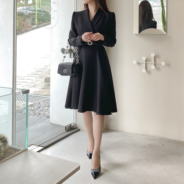 op10400 에일린 숄카라 A라인 미디 벨트 원피스