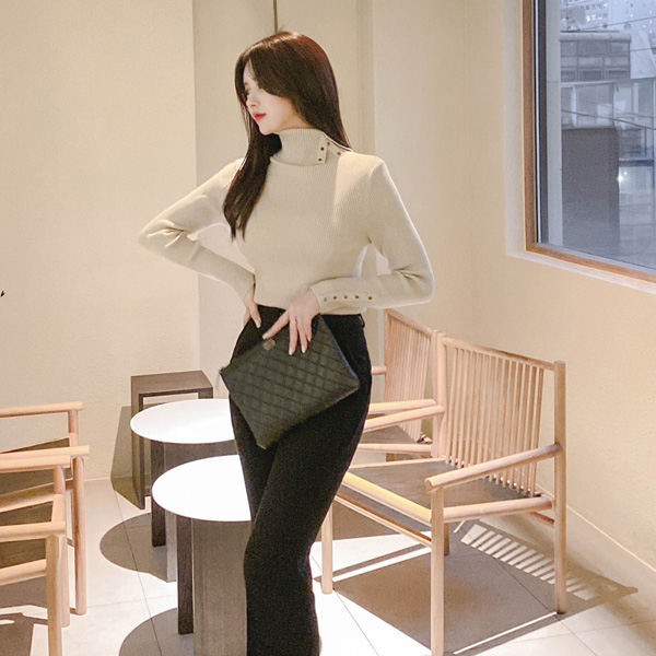 nt2505 리얼버튼으로 3way 스타일링이 가능한 슬림 잔골지 터틀넥 니트탑 knit