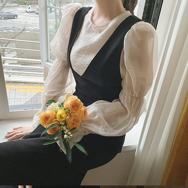 bs5585 블리 백오픈 리본 퍼프소매 시스루 블라우스