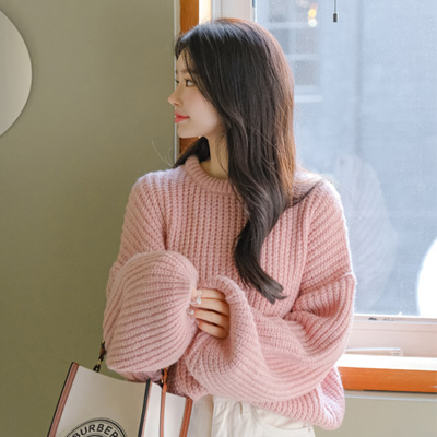 nt2513 여리여리하고 폭닥한 니트 짜임의 퍼프소매 루즈핏 라운드넥 니트 knit