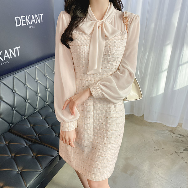 op10438 고급스러운 골드사 트위드와 쉬폰 리본타이 배색의 H라인 미디원피스 dress