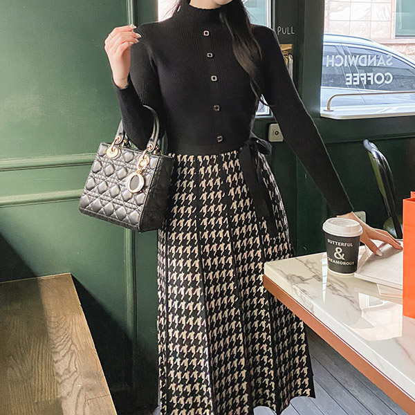 op10443 포인트를 선사할 하운드투스체크 배색의 허리스트랩 세트 니트 롱원피스 dress