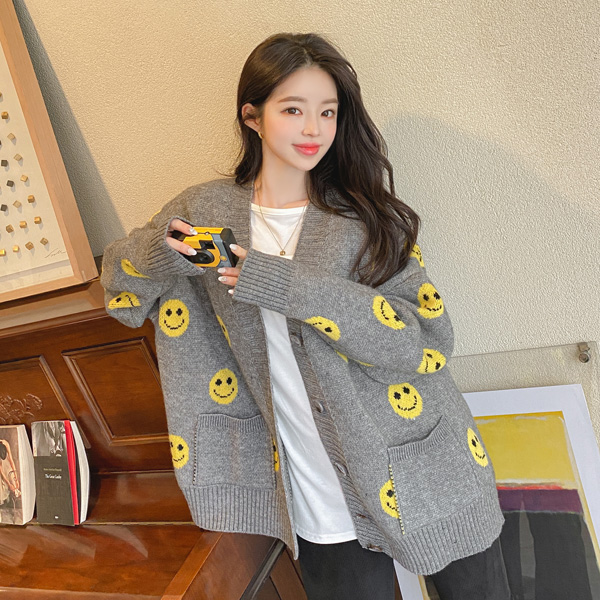 cd1599 툭 걸치기만 해도 포인트가 되는 울혼방 루즈핏 스마일 니트 가디건 cardigan