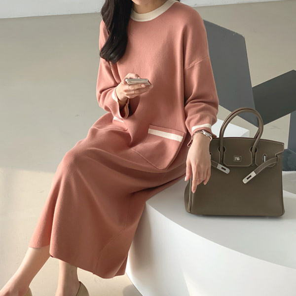 op10446 바네사 배색 니트 원피스