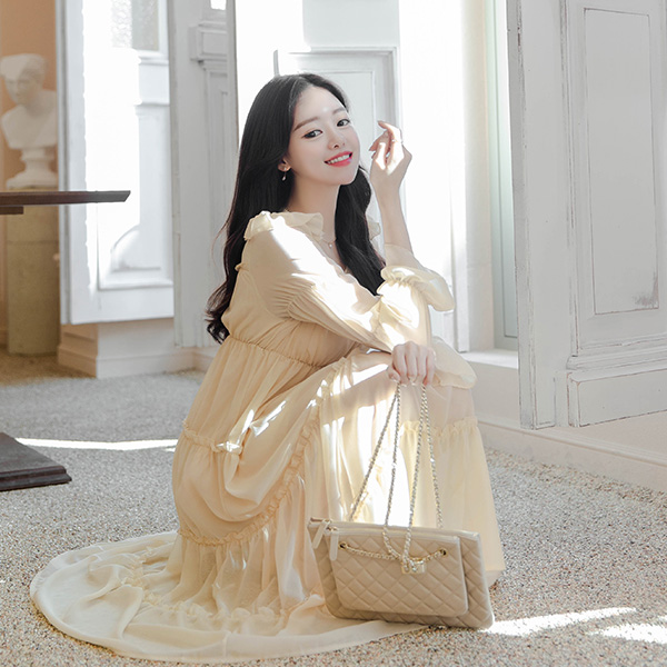 op10485 로맨틱한 무드의 쉬폰 셔링 여신 원피스 dress