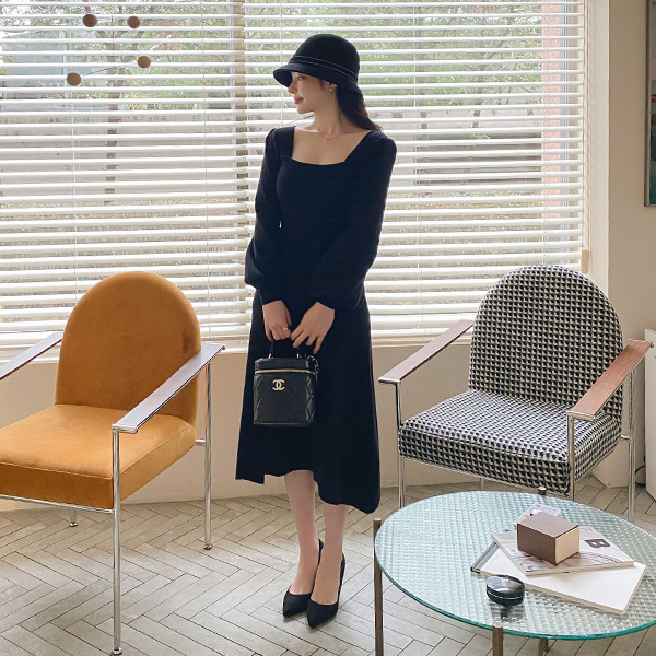 op10488 극강의 슬림한 실루엣을 완성시켜주는 스퀘어넥 A라인 플레어 니트 롱 원피스 dress