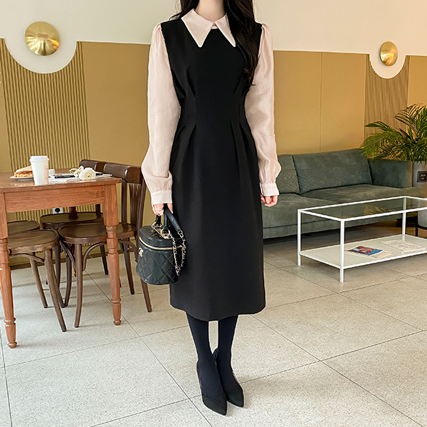 op10486 격식있는 자리에 함께할 2in1 배색 디자인의 레이어드 원피스 dress