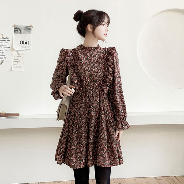 op10510 러블리한 플라워패턴과 프릴디테일의 허리밴딩 반하이넥 A라인 미니원피스 dress