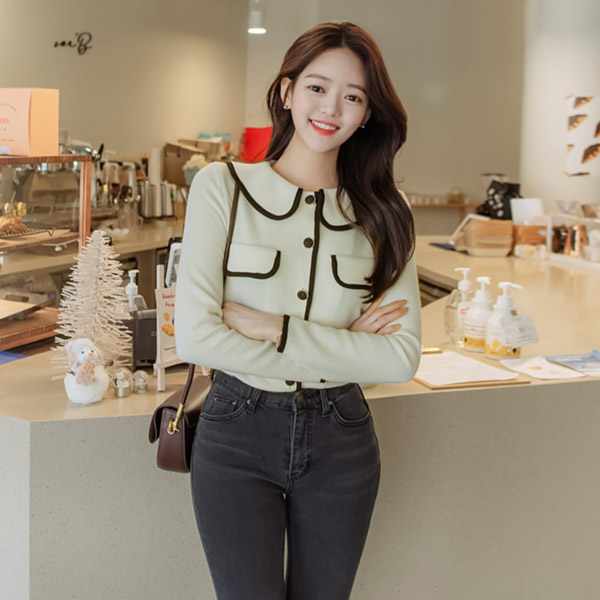 bs5618 단정한 배색 라인이 고급스러운 포켓 포인트 햅번 카라 니트 블라우스 blouse