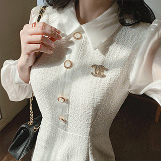 은은한 광택감의 블라우스와 트위드 배색의 미니원피스 dress