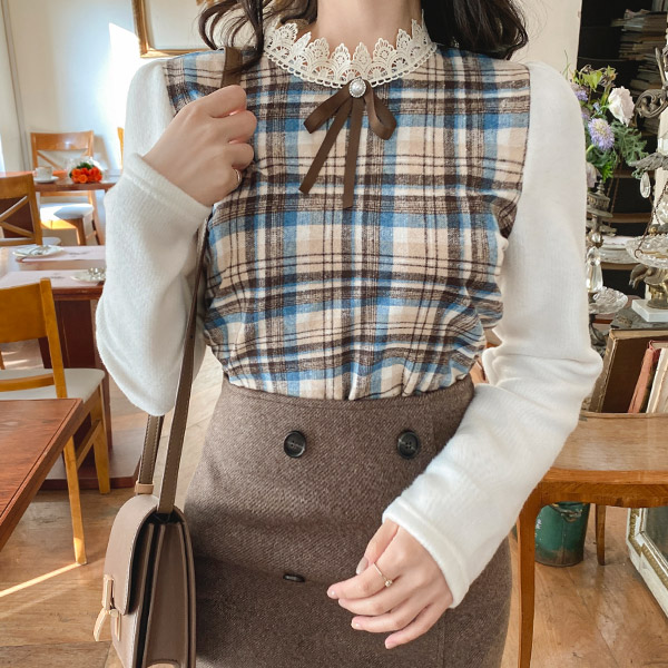 bs5623 감각적인 컬러배색의 체크 패턴과 레이스 반하이넥 브로치세트 블라우스 blouse