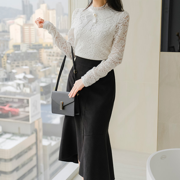 bs5643 엘레강스한 플라워 레이스로 완성된 프릴 반하이넥 블라우스 blouse