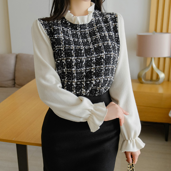 bs5644 스팽글 트위드 패브릭과 소매배색 디자인의 프릴 반하이넥 블라우스 blouse