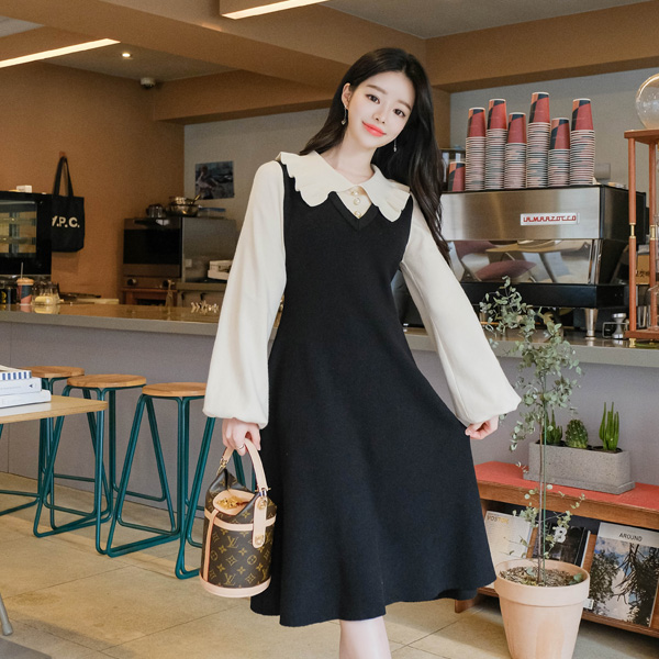 op10578 사랑스러운 레이어드 디자인으로 완성된 카라 배색 플레어 미디 롱 니트 원피스 dress