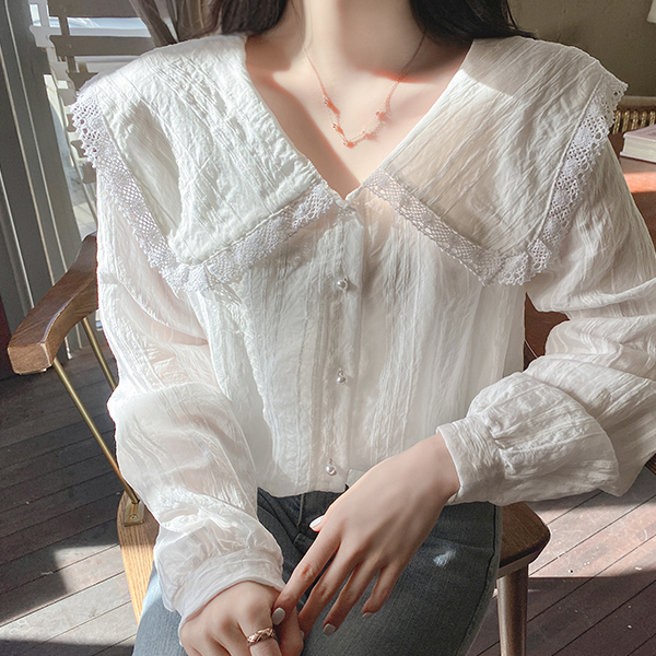 bs5654 퓨어한 감성의 빅카라 진주장식 주름지 시스루 레이스 블라우스 blouse