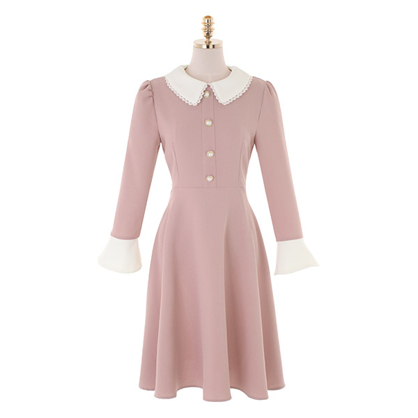 op10617 러블리한 레이스 카라넥과 펄버튼 포인트의 플레어 미디원피스 dress