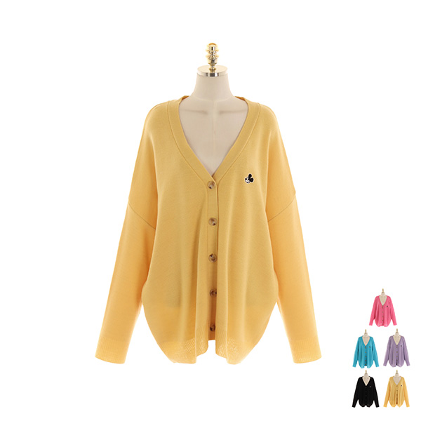 cd1647 귀여운 정품 미키 자수와 레터링 포인트의 오버핏 브이넥 가디건 cardigan