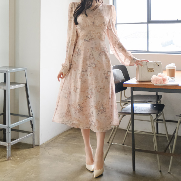 op10672 봄을 담은 플라워 패턴으로 로맨틱하게 완성된 브이넥 쉬폰 A라인 롱원피스 dress